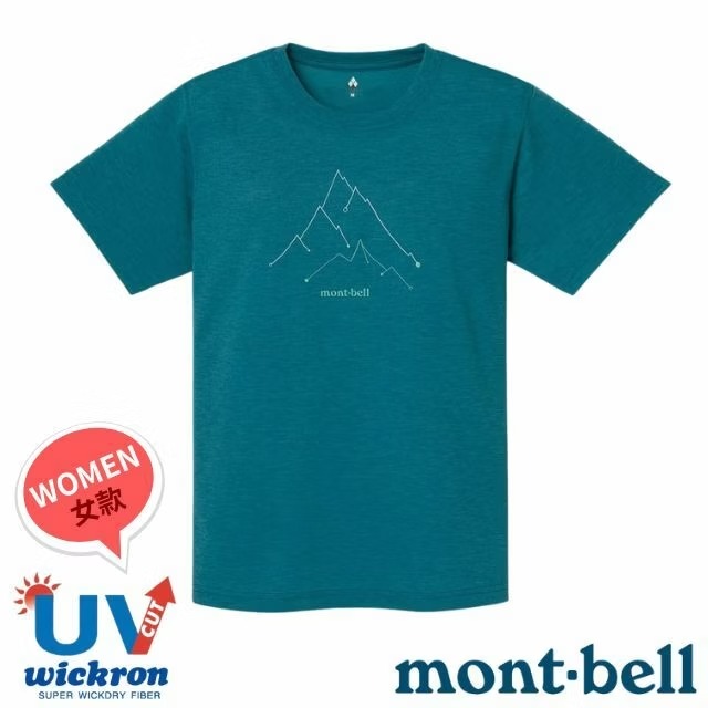 【mont-bell】女 Wickron 吸濕排汗短袖T恤(山線)圓領衫.運動上衣/1114790 BGN 藍綠✿30E010